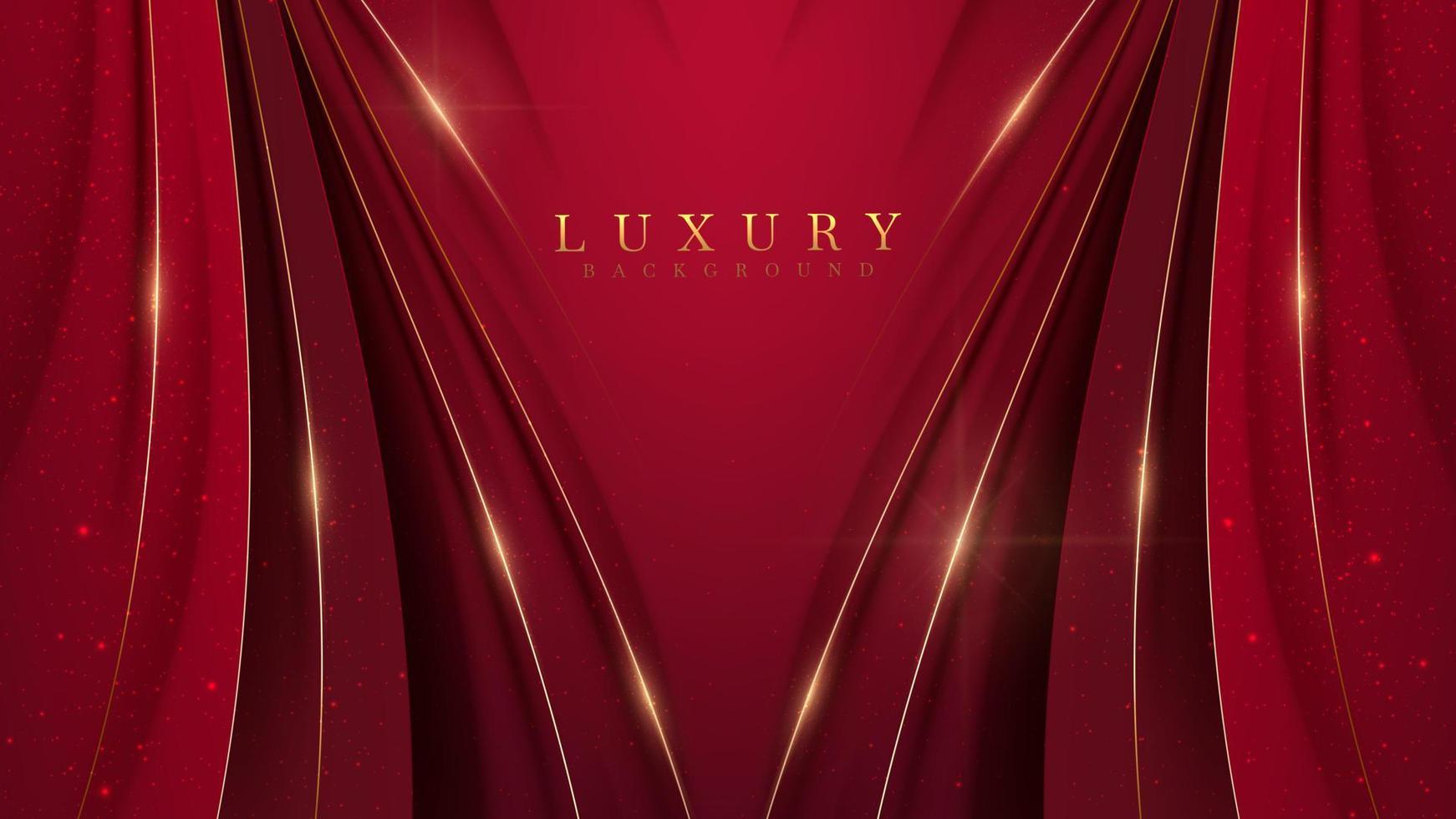 Luxury golden curve line with glittering light decoration and star effect elements. Red background. vector