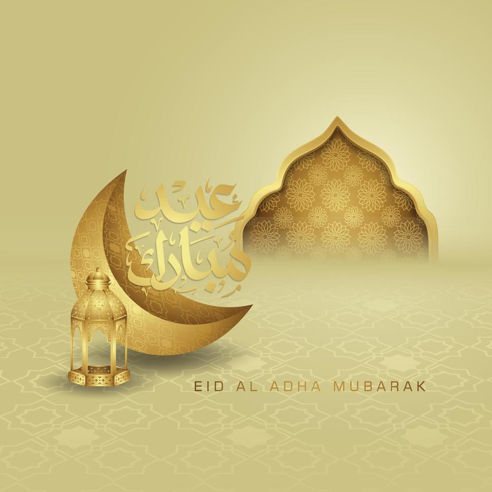 diseño lujoso y elegante saludo eid al adha con color dorado en caligrafía árabe, luna creciente, linterna y mezquita de puerta texturizada. ilustración vectorial vector