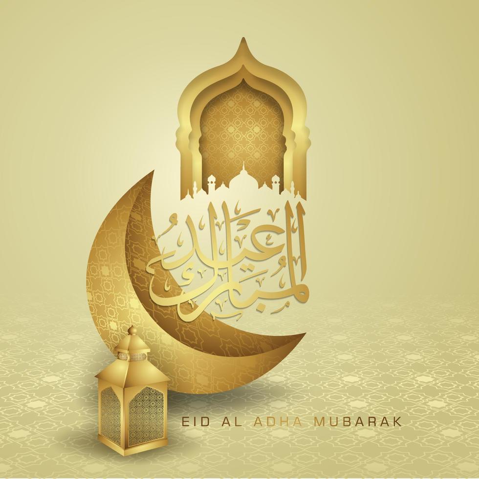 Luxurious and elegant design Eid Al adha greeting with gold color on arabic calligraphy, crescent moon, lantern and textured gate mosque. vector illustration.