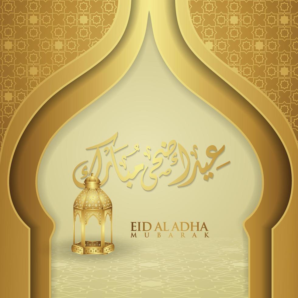 Luxurious and elegant design Eid Al adha greeting with gold color on arabic calligraphy, crescent moon, lantern and textured gate mosque. vector illustration.