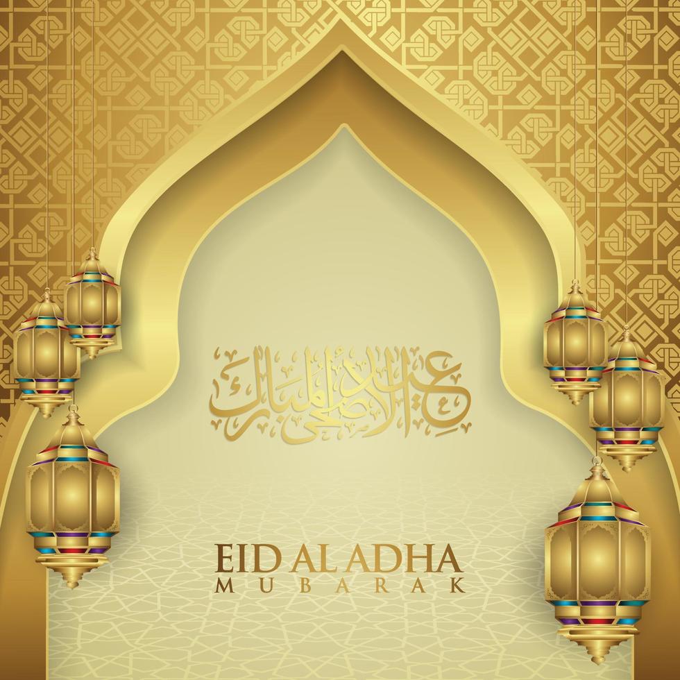diseño lujoso y elegante saludo eid al adha con color dorado en caligrafía árabe, luna creciente, linterna y mezquita de puerta texturizada. ilustración vectorial vector