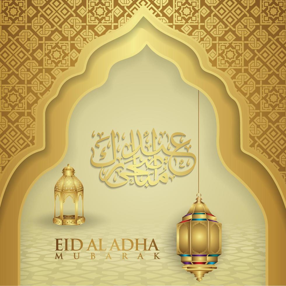 Luxurious and elegant design Eid Al adha greeting with gold color on arabic calligraphy, crescent moon, lantern and textured gate mosque. vector illustration.