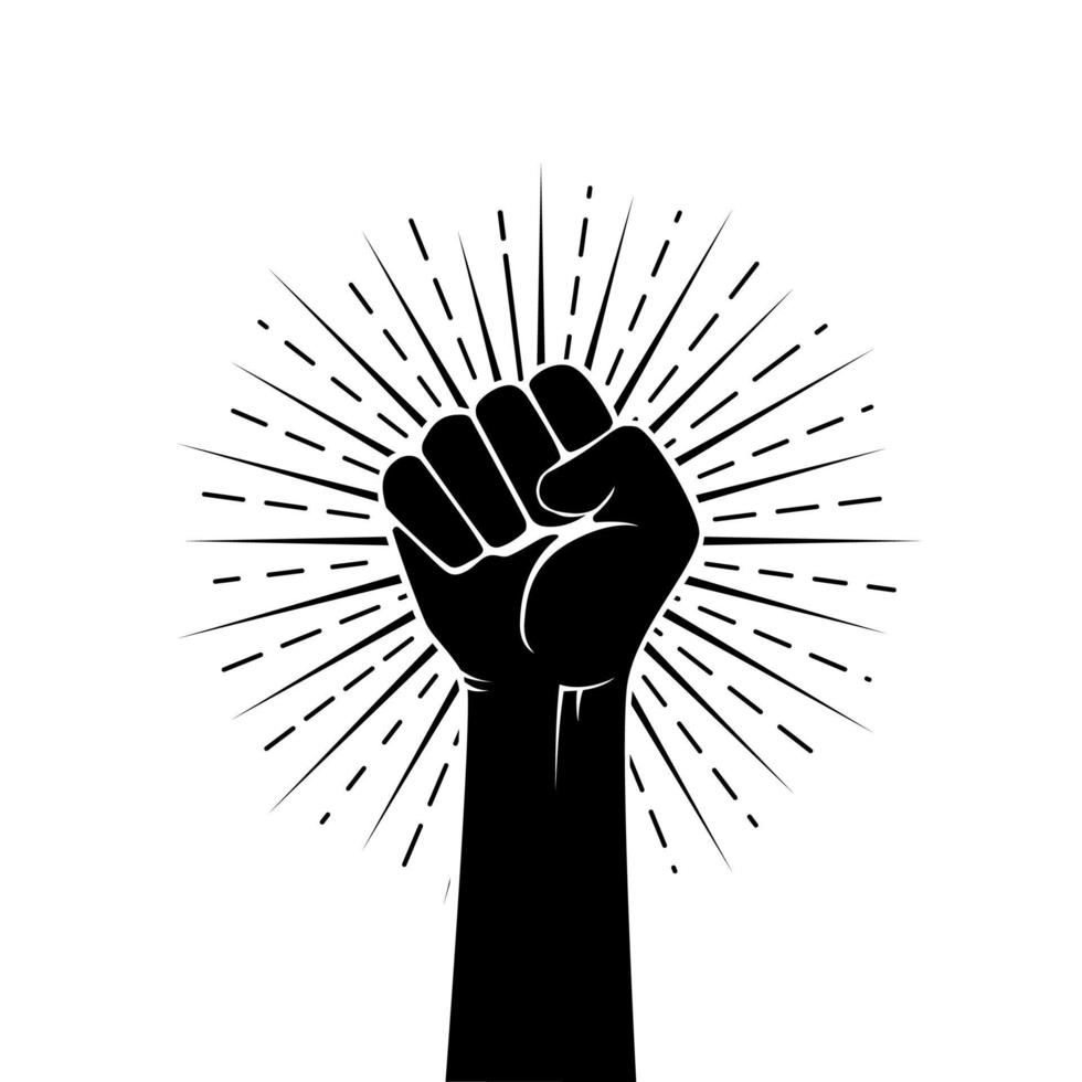 Human black hand raised arm clenched his fist in the fight for liberty. Black arm silhouette vector