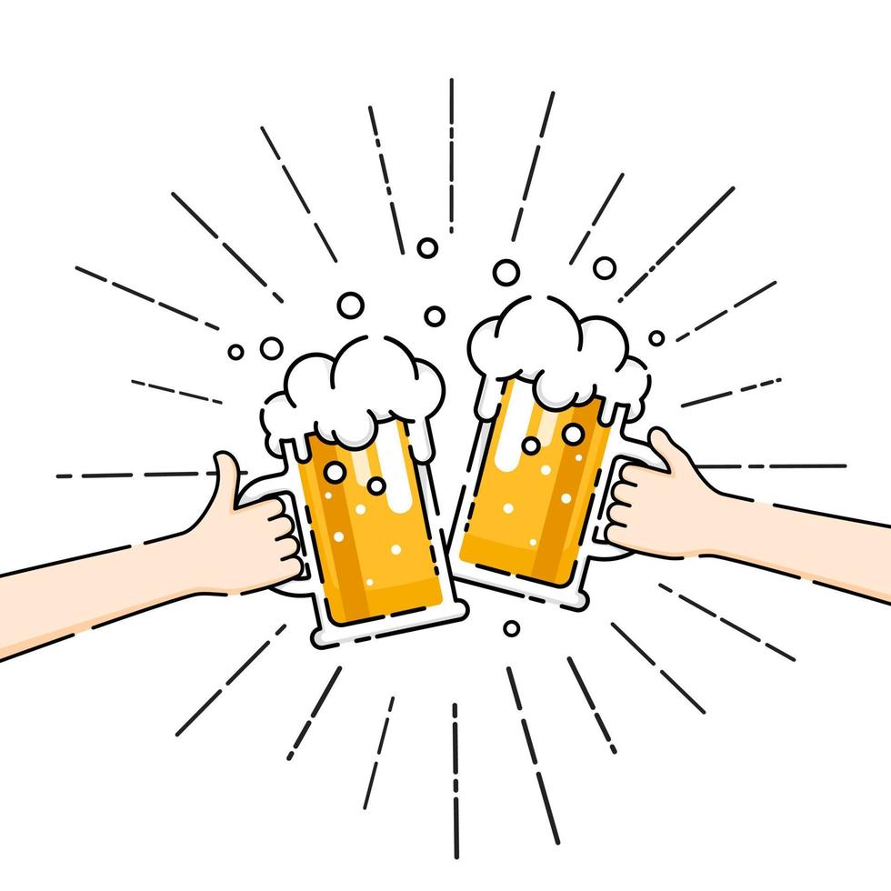 Hand holding glasses mugs of beer. Cheers in party vector