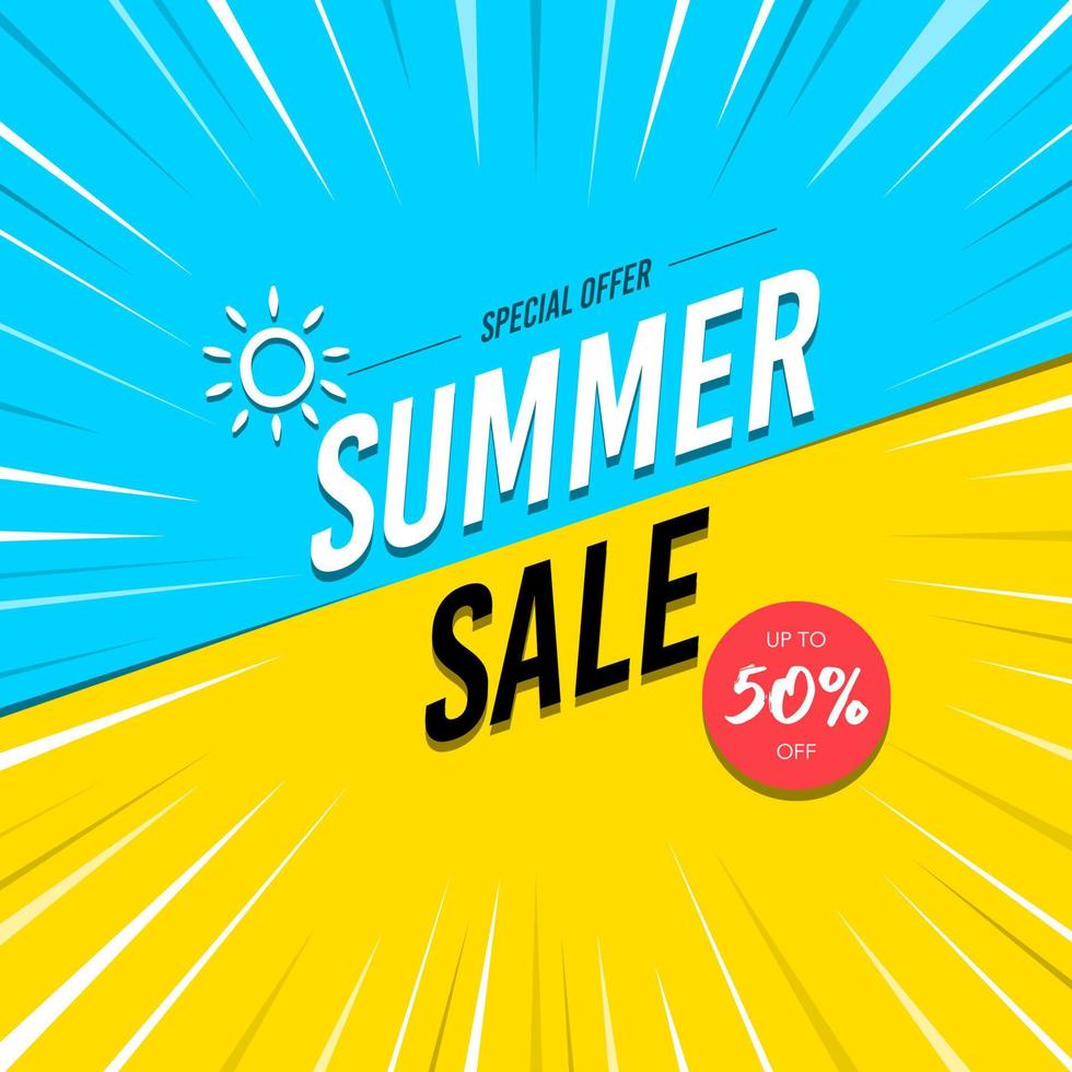 Summer Sale yellow and blue banner or poster discount 50 percent off vector