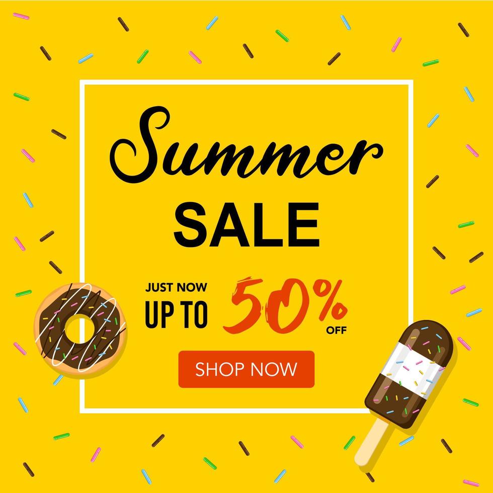 venta de verano helado y donut pancarta o póster descuento 50 por ciento de descuento vector