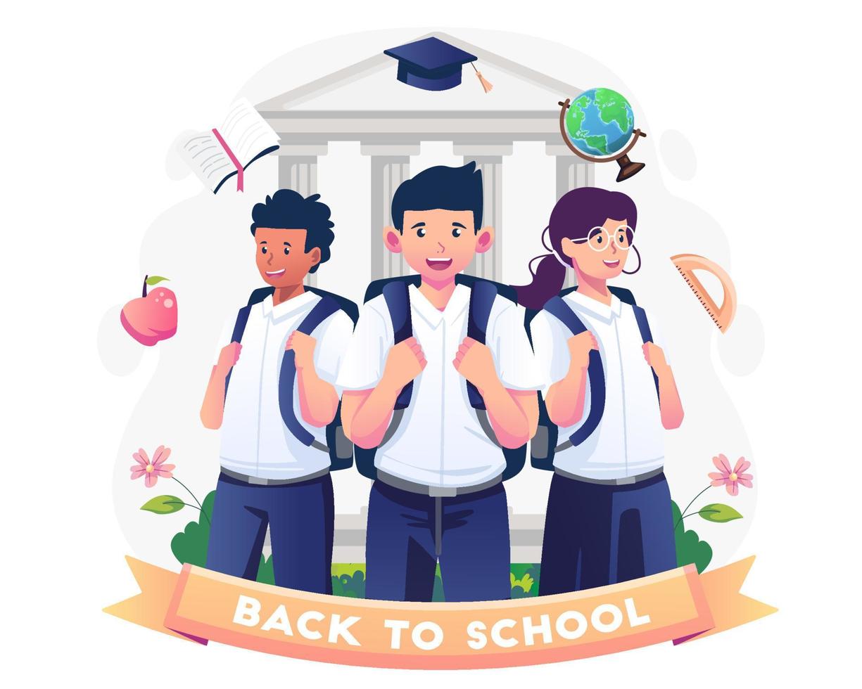 Children in student uniforms with backpacks are ready to go back to school. Vector illustration in flat style