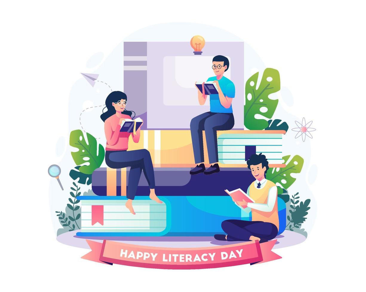 Young men and women read a book while sitting and enjoy studying together. International Literacy day concept design. Vector illustration in flat style