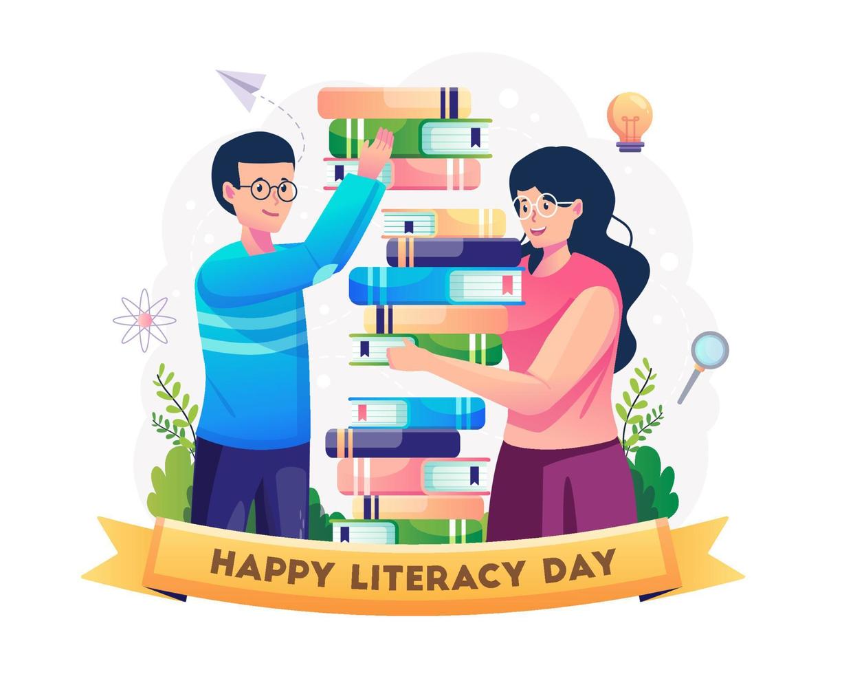 un niño y una niña están apilando y recolectando libros para leer juntos. feliz día de la alfabetización el 8 de septiembre. ilustración vectorial en estilo plano vector