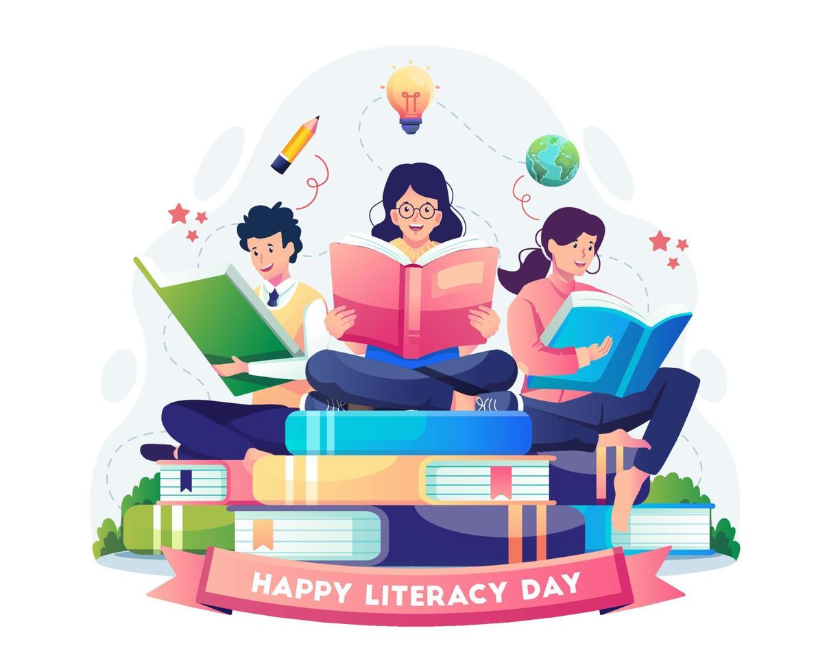 People are reading books to celebrate International Literacy Day on the 8th of September. Vector illustration in flat style