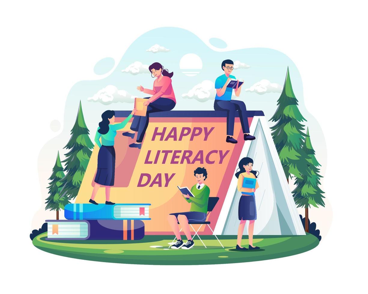 People celebrate International Literacy day by relaxing while reading books in a book-shaped tent. Vector illustration in flat style