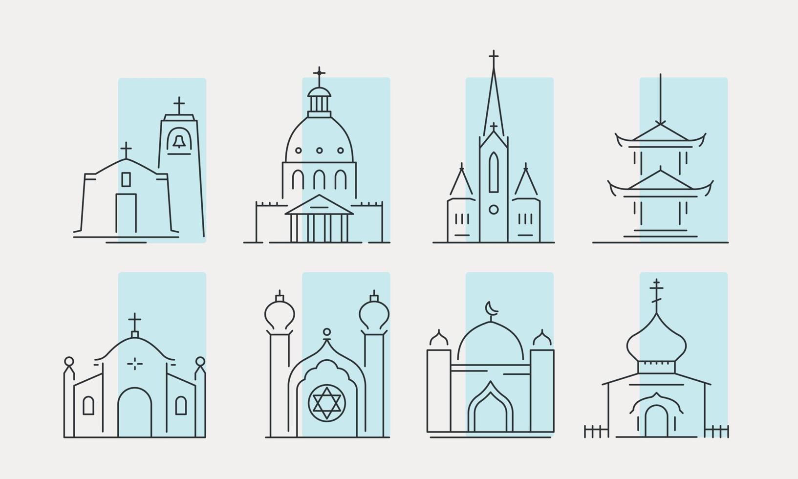 conjunto de iconos de línea de iglesia. cristianismo, islam, credo judío. casa para dios, edificio santo. arquitectura en la ciudad y el campo. ilustración vectorial vector