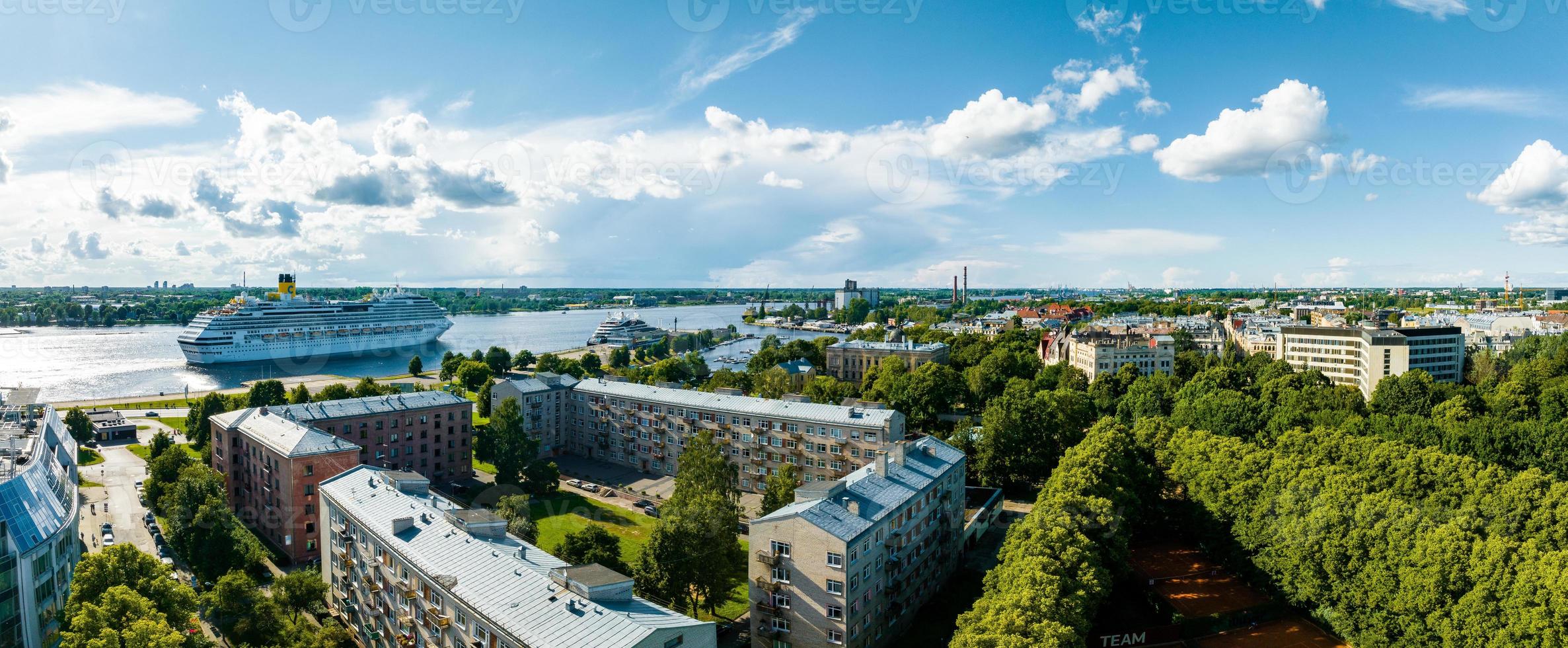 Aerial view of the large cruise ship docked in Riga port, photo