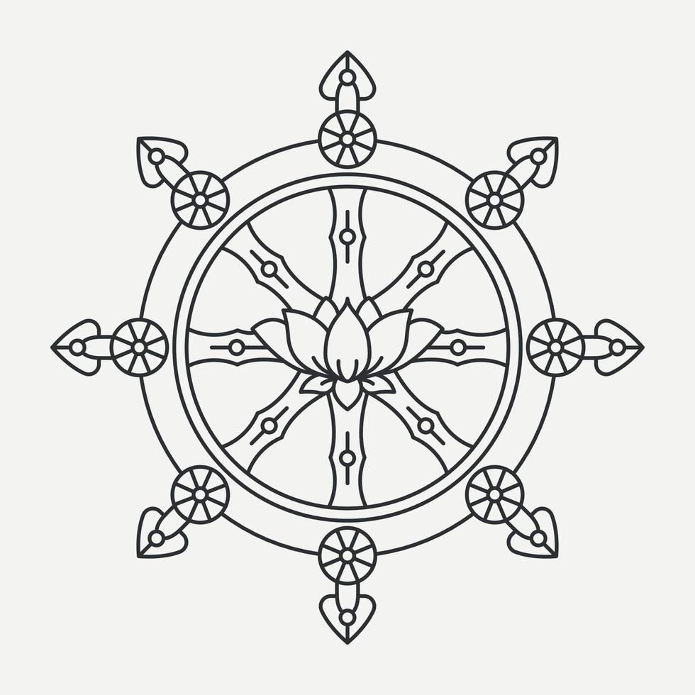 Dharmachakra line icon. Dharma Wheel of fortune. Buddhism Religion symbol. Tattoo design. Teach and walk to the path of Nirvana. Vector illustartion