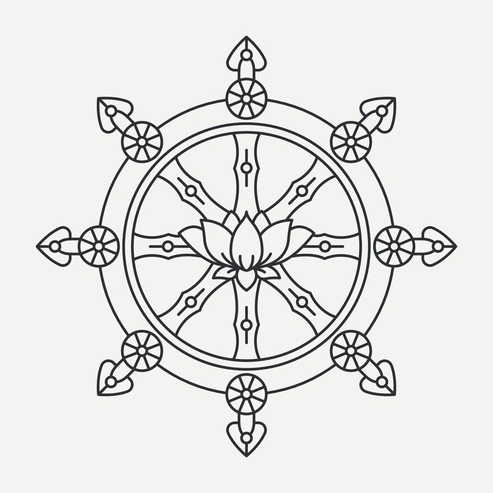 Dharmachakra line icon. Dharma Wheel of fortune. Buddhism Religion symbol. Tattoo design. Teach and walk to the path of Nirvana. Vector illustartion