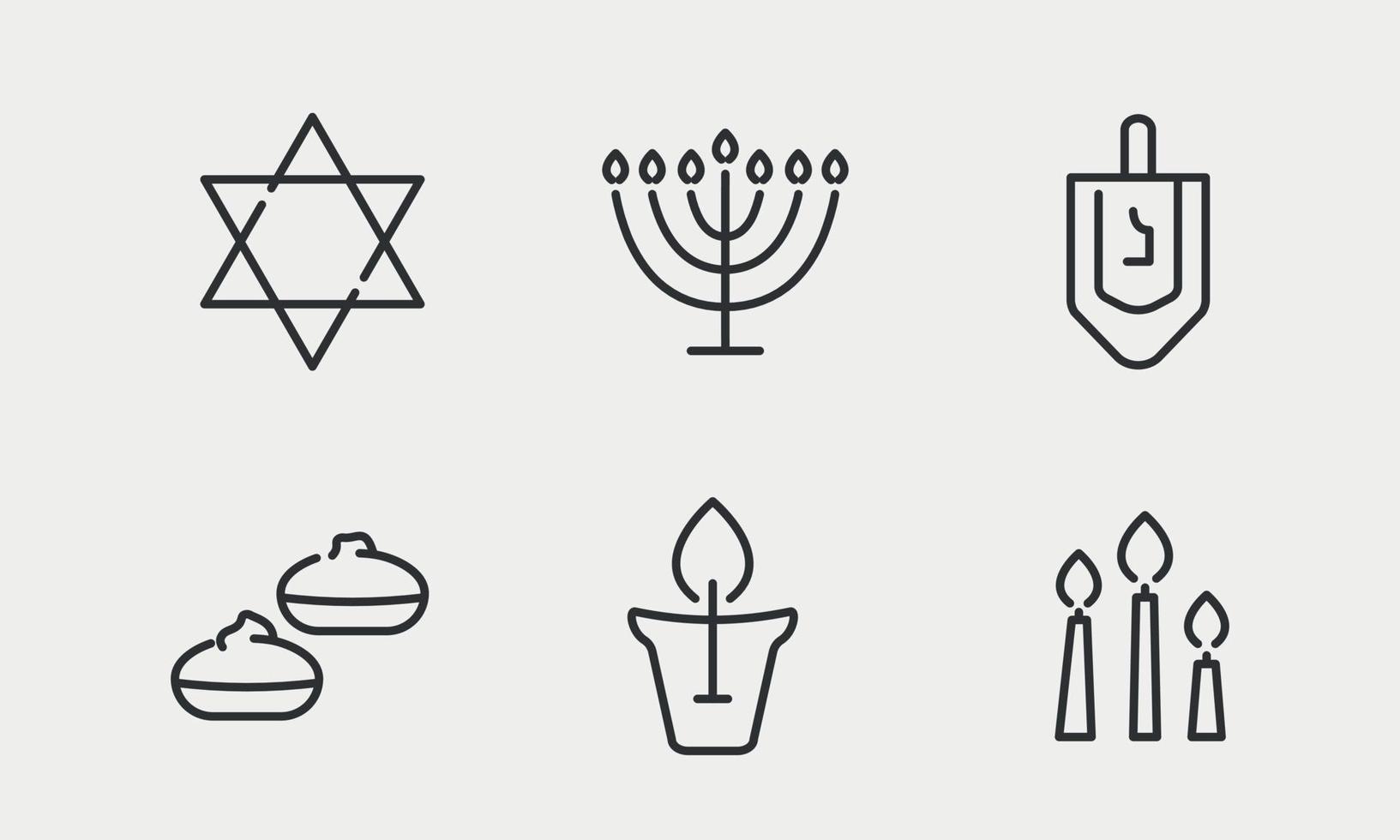 Hanukkah line icon set. Jewish Holiday Hanukkah. Traditional cake sufganiya,  candle holder hanukkiya, whirligig dreidel. Vector illustration