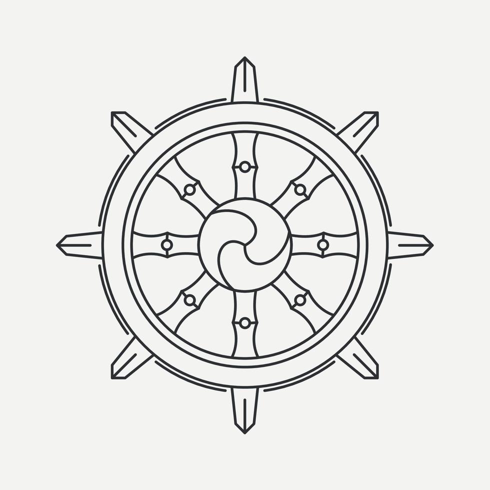 Dharma Wheel symbol of Buddhism and Hinduism. Dharmachakra line art. Teach and walk to the path of Nirvana. Vector illustration