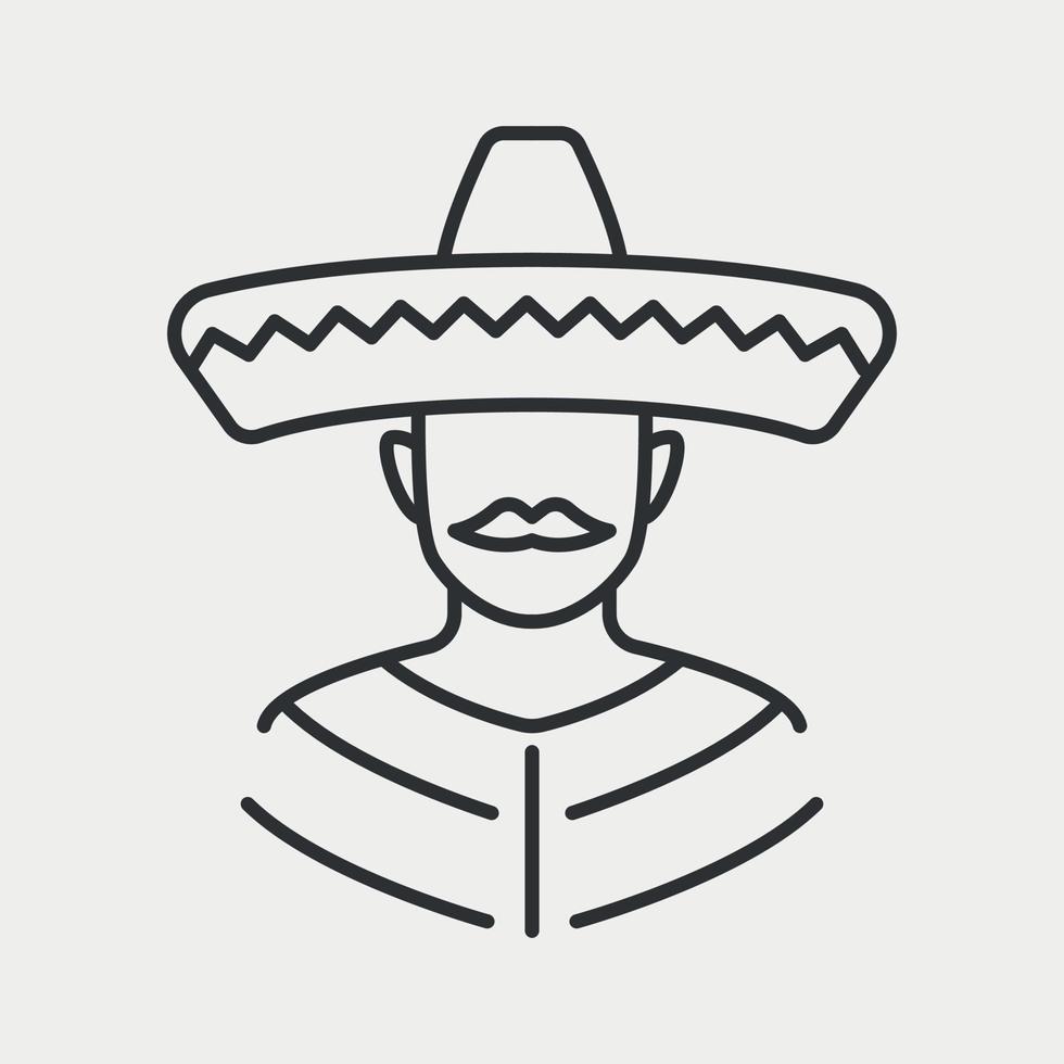 Mexican Man in sombrero Line Icon. Latino human avatar. South America culture people. Mexico character person. Vector illustration