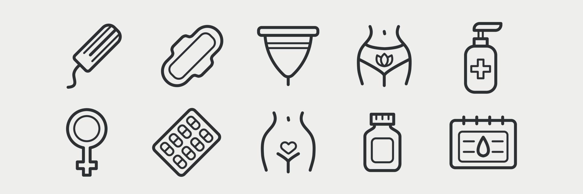 Menstruation line icon set. Sanitary pad and periods. Personal intimate hygiene. Menstrual cup. Vector illustration