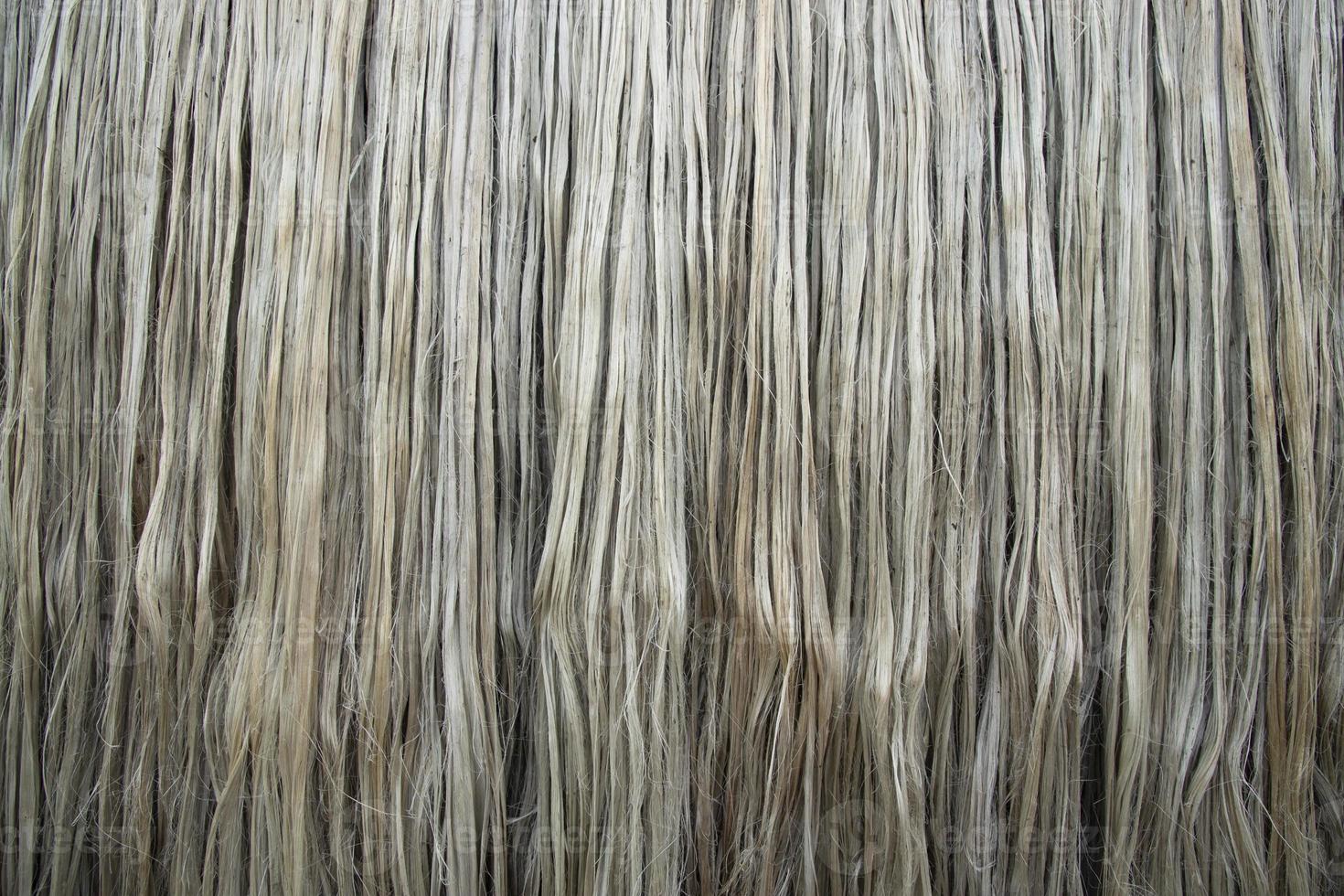 Closeup shot of raw jute fiber hanging under the sunlight for drying. Brown jute fiber texture and  background photo