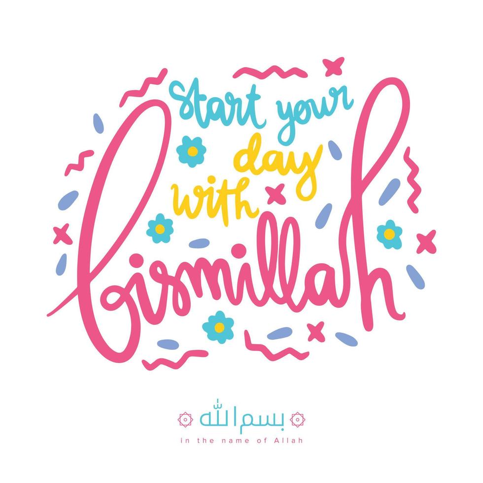 Starts your day with Bismillah. Islamic poster. Alphabet lettering typography vector illustration