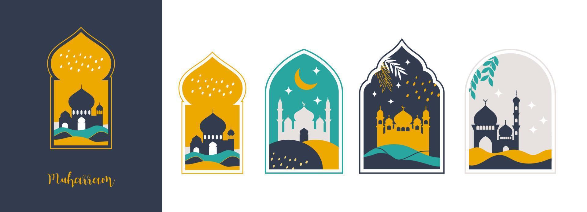 Happy Islamic new year. Muharram hijri month, crescent moon, mosque door vector collection set