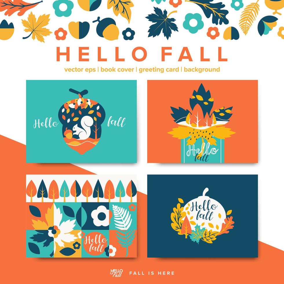 Modern trendy hello fall greeting card. Hello fall geometric vector set collection.