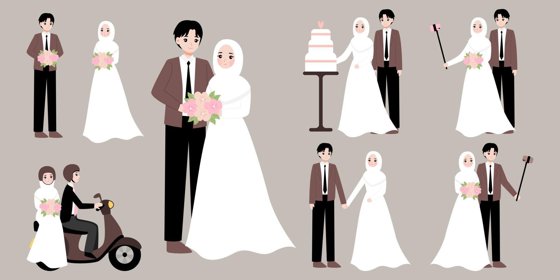 muslim wedding couple character illustration collection vector