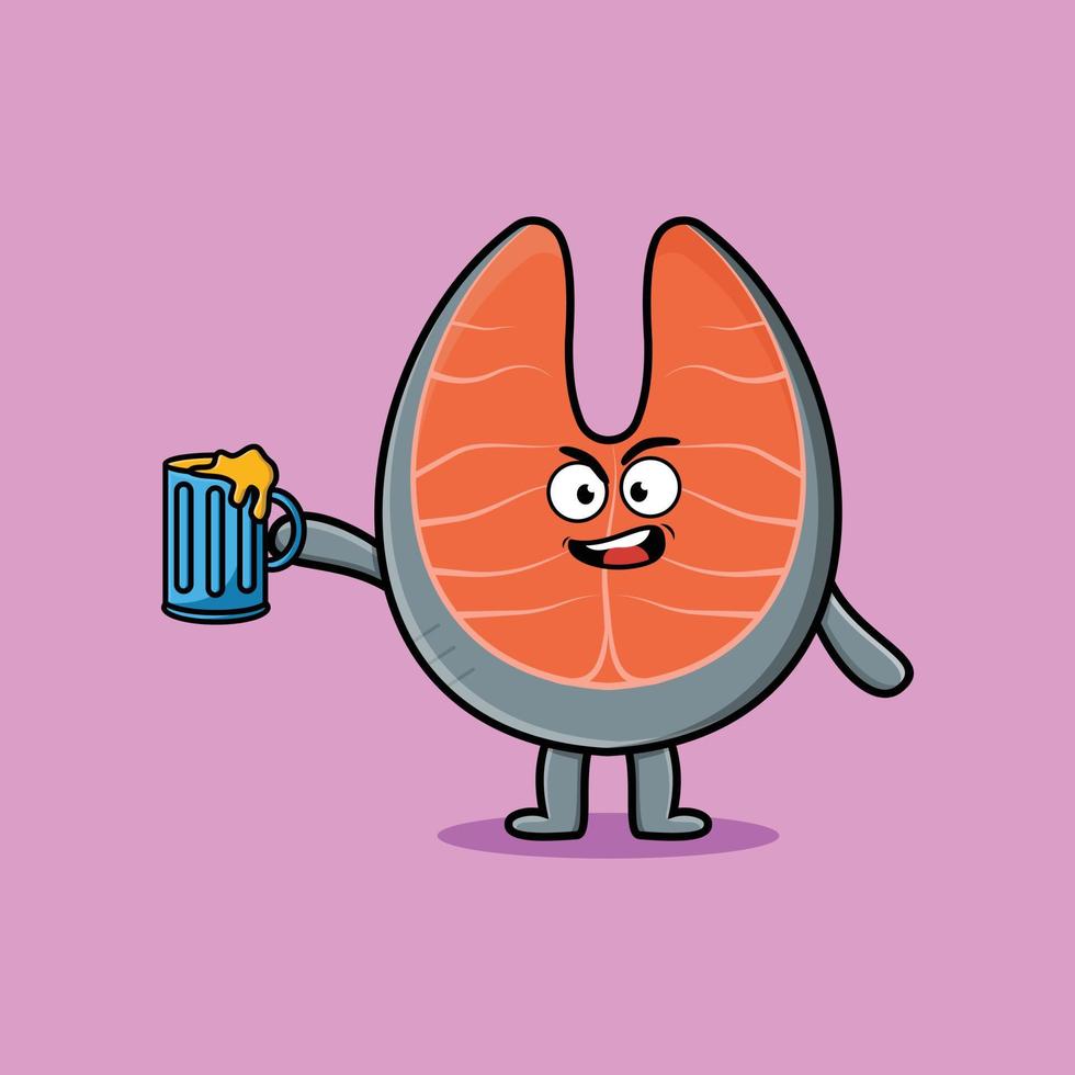 Fresh salmon cartoon character with beer glass vector