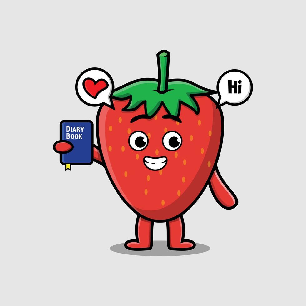 Cute cartoon strawberry character hold diary book vector