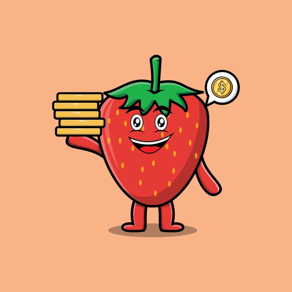 Cute cartoon strawberry holding stacked gold coin vector