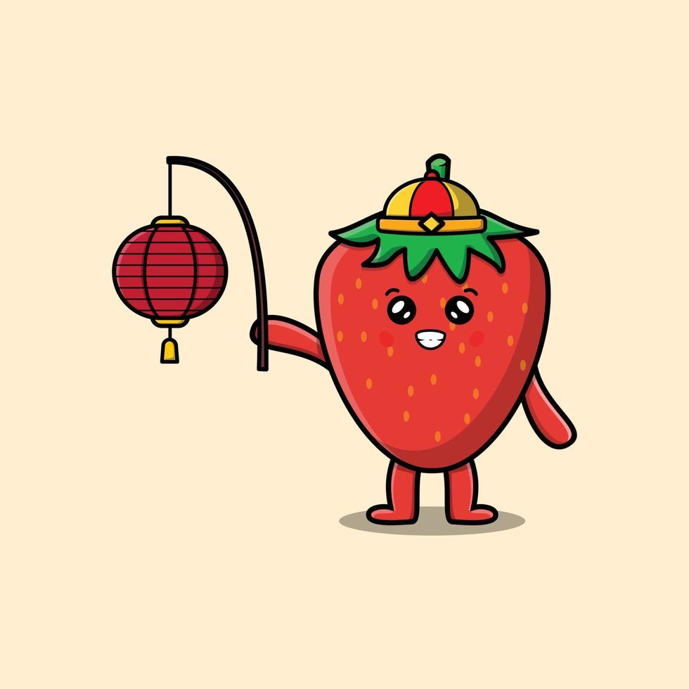 Cute cartoon strawberry chinese holding lantern vector
