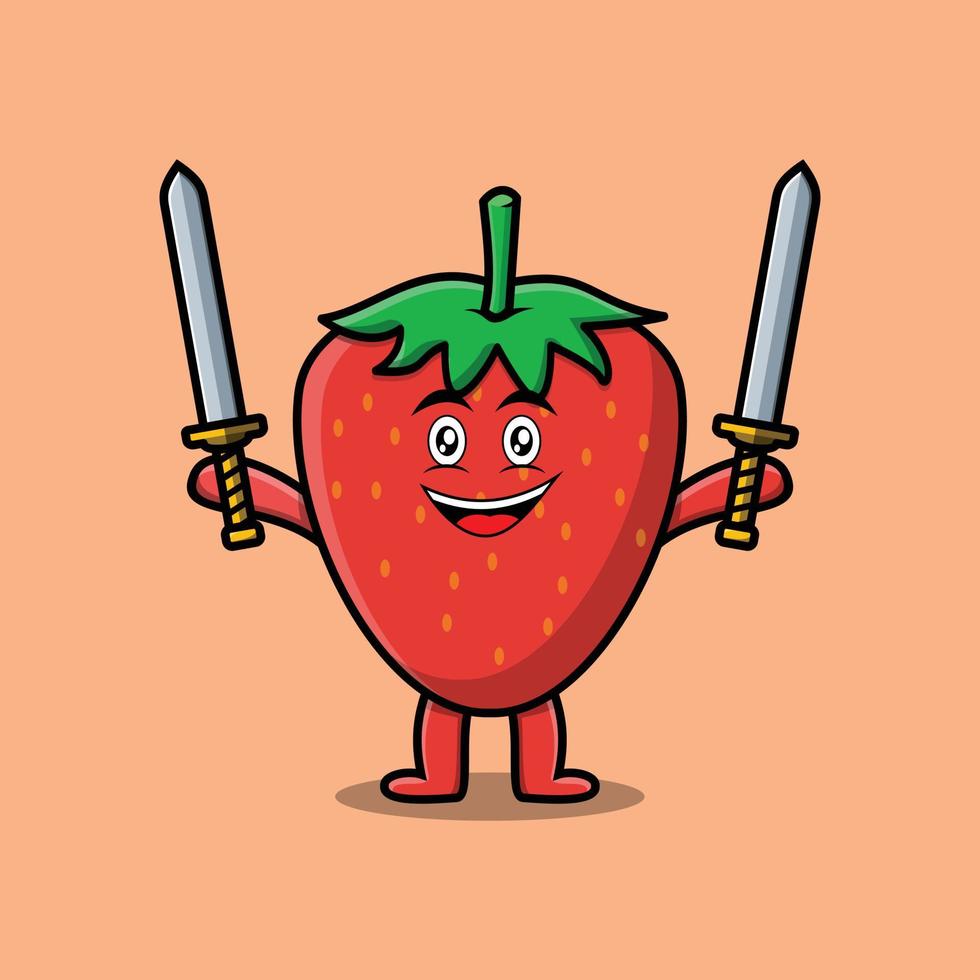 cartoon Strawberry character holding two sword vector