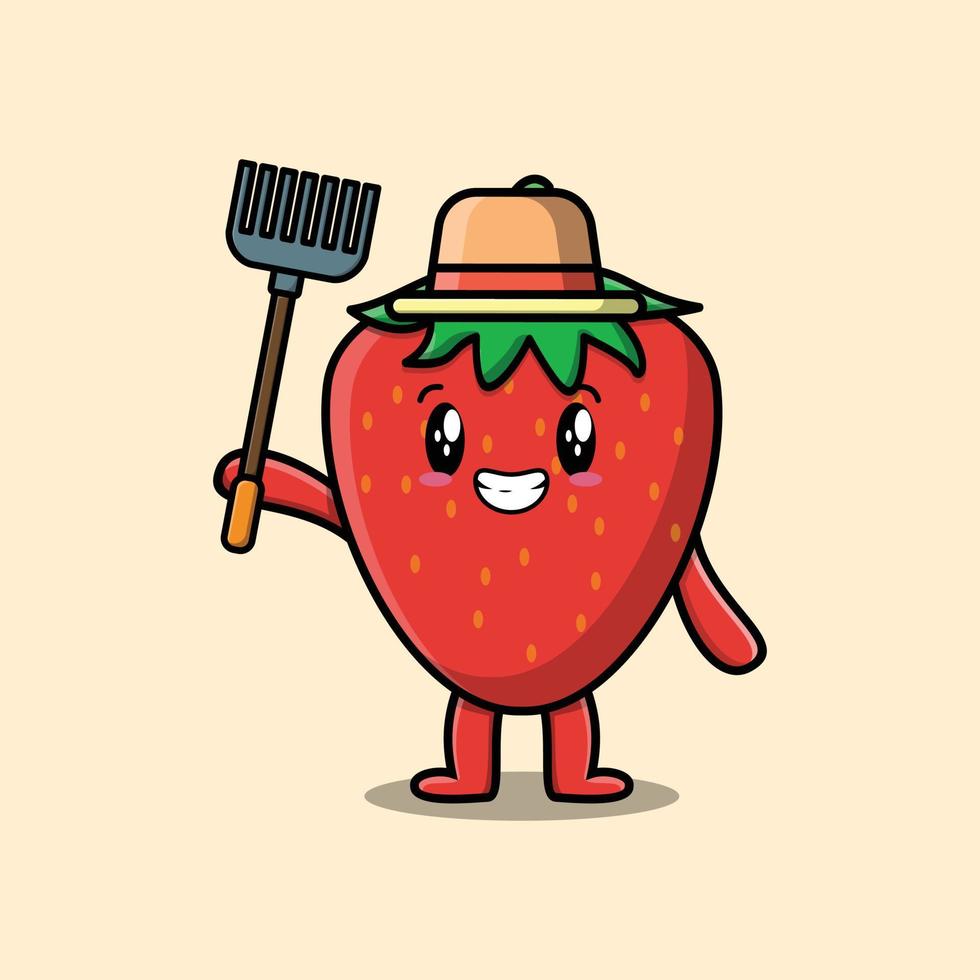 cartoon Agricultural worker strawberry pitchfork vector
