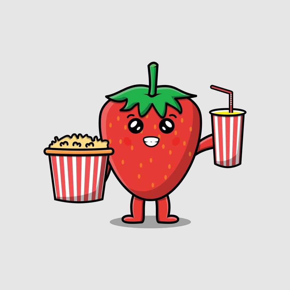 Cute cartoon strawberry with popcorn and drink vector