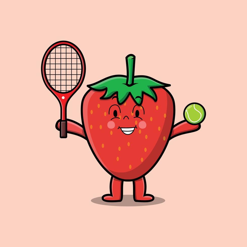 Cute cartoon strawberry playing tennis field vector