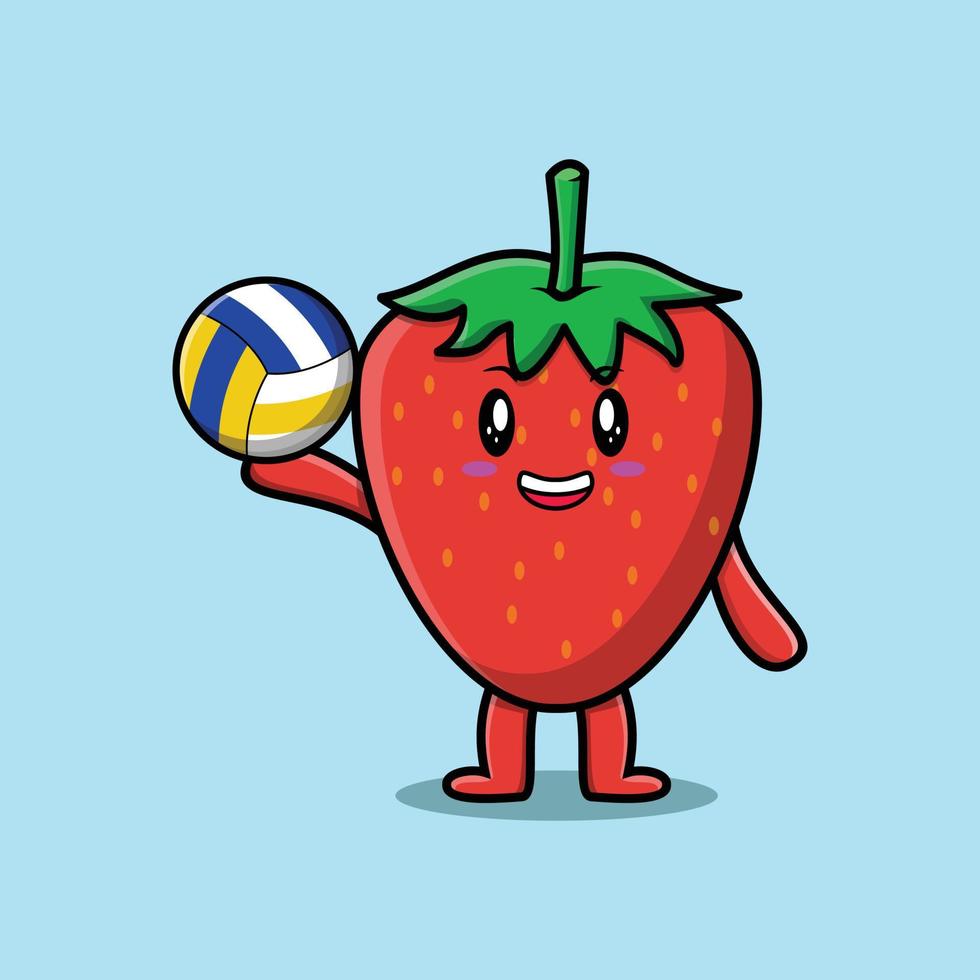 Cute cartoon strawberry character play volleyball vector