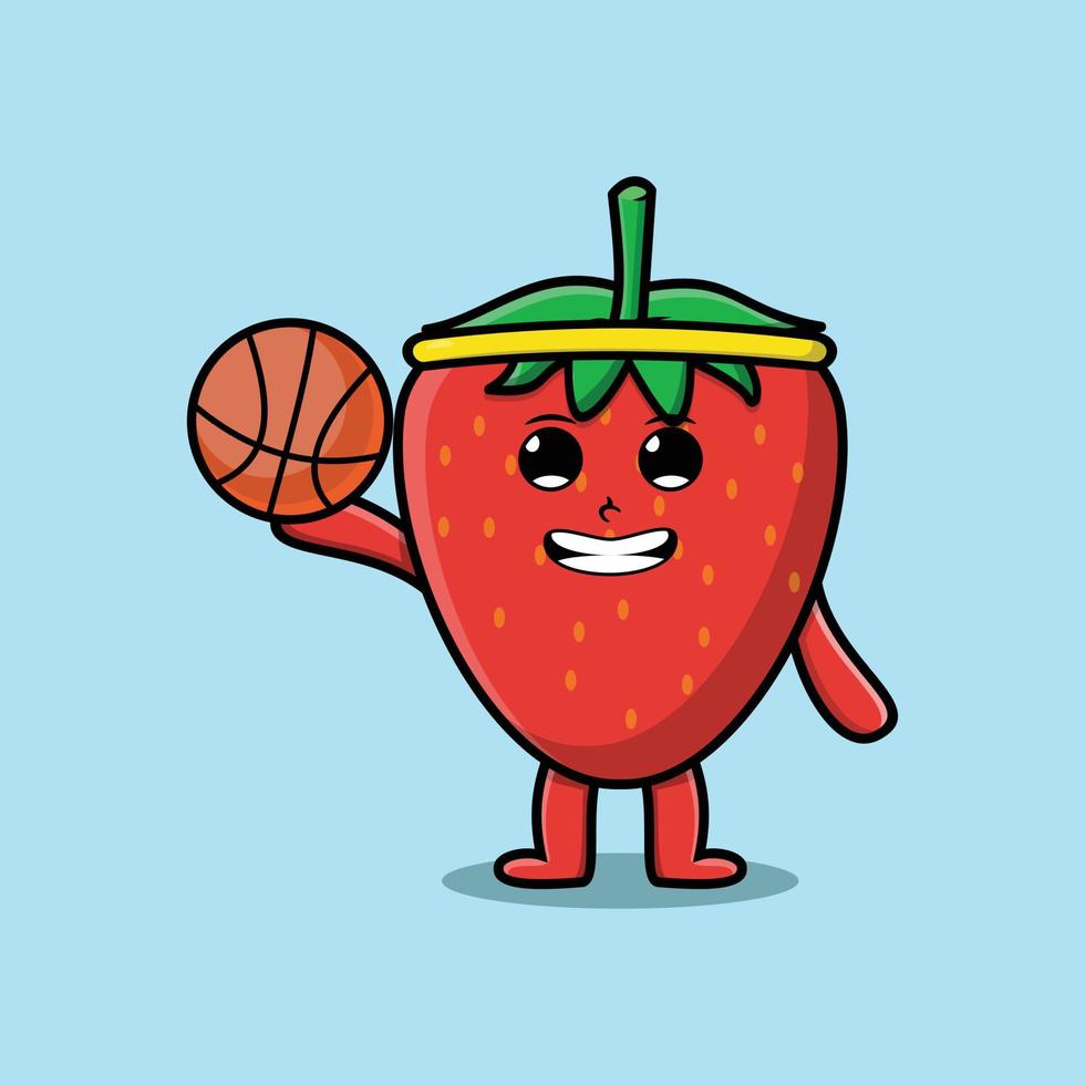 cartoon strawberry character playing basketball vector