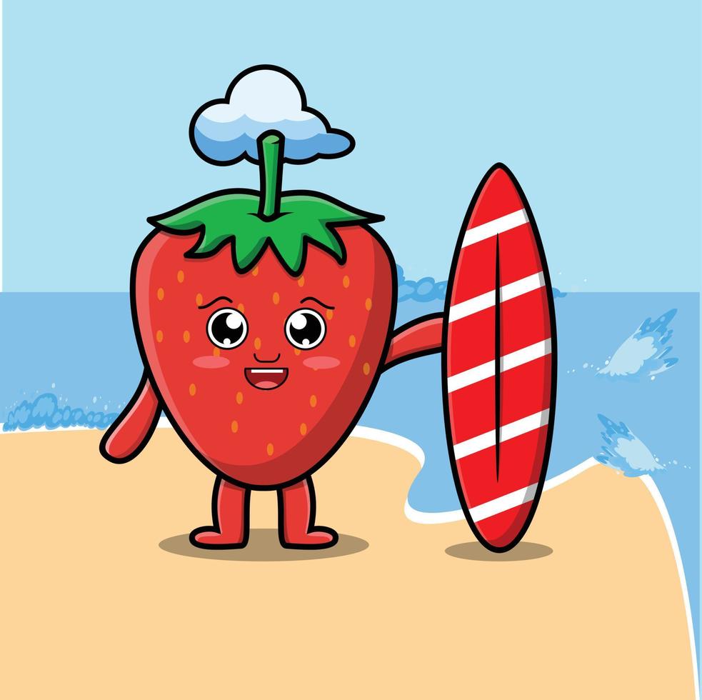 cartoon strawberry play surfing with surfing board vector