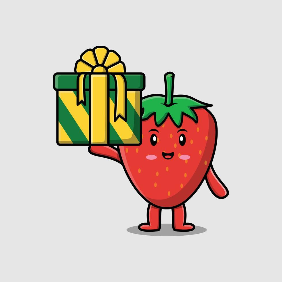 Cute cartoon strawberry character holding gift box vector