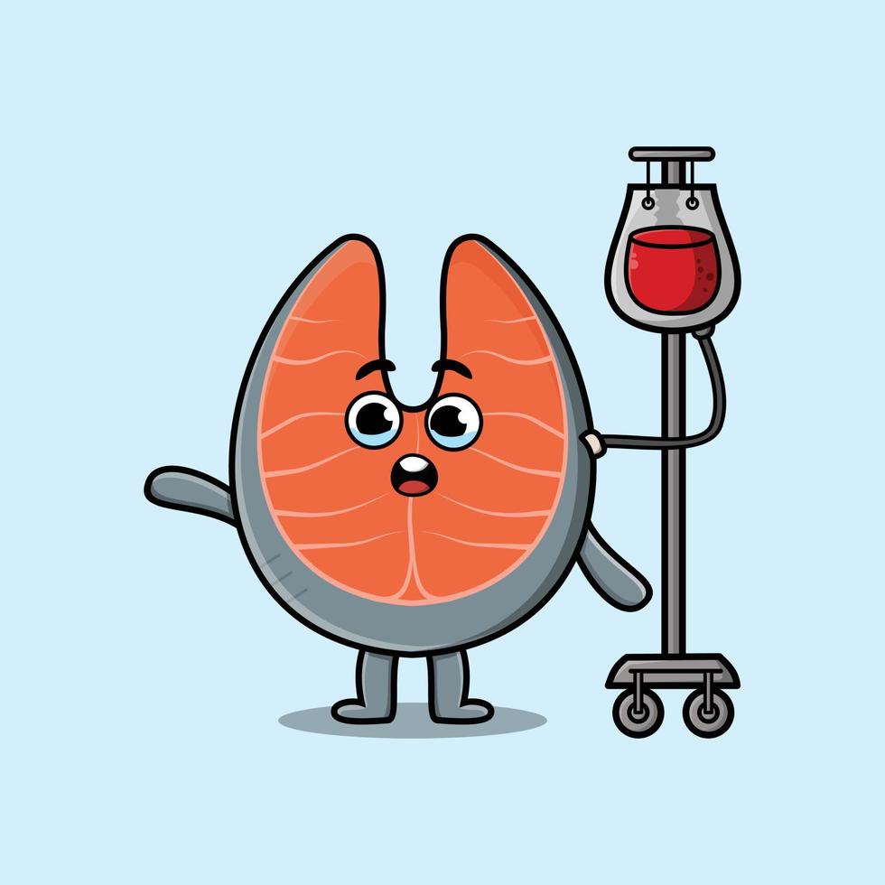 Cute cartoon fresh salmon having blood transfusion vector