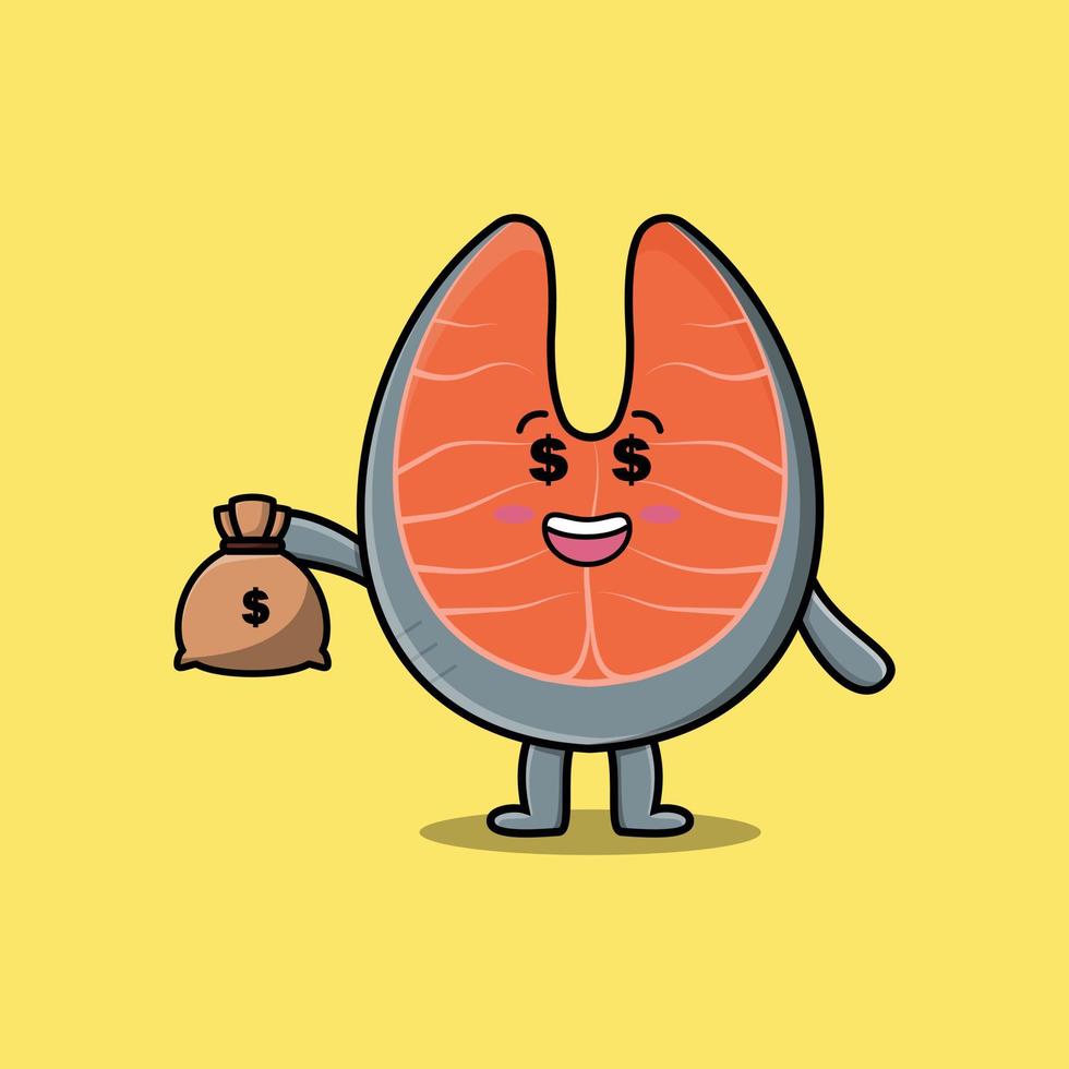 dibujos animados loco rico salmón fresco con bolsa de dinero vector