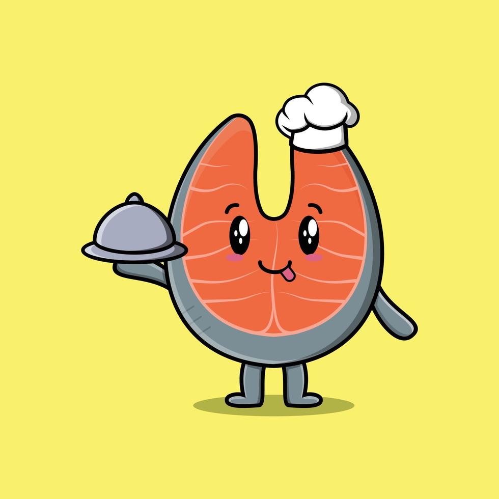 Cute Cartoon chef fresh salmon serve food on tray vector