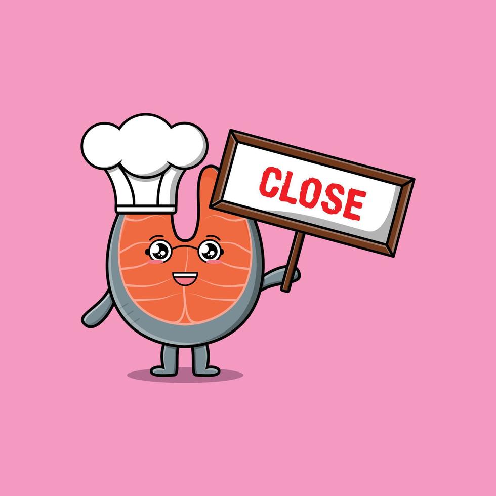 cartoon fresh salmon chef holding close sign board vector