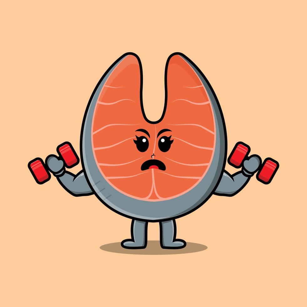Cute cartoon fresh salmon is fitness with barbell vector