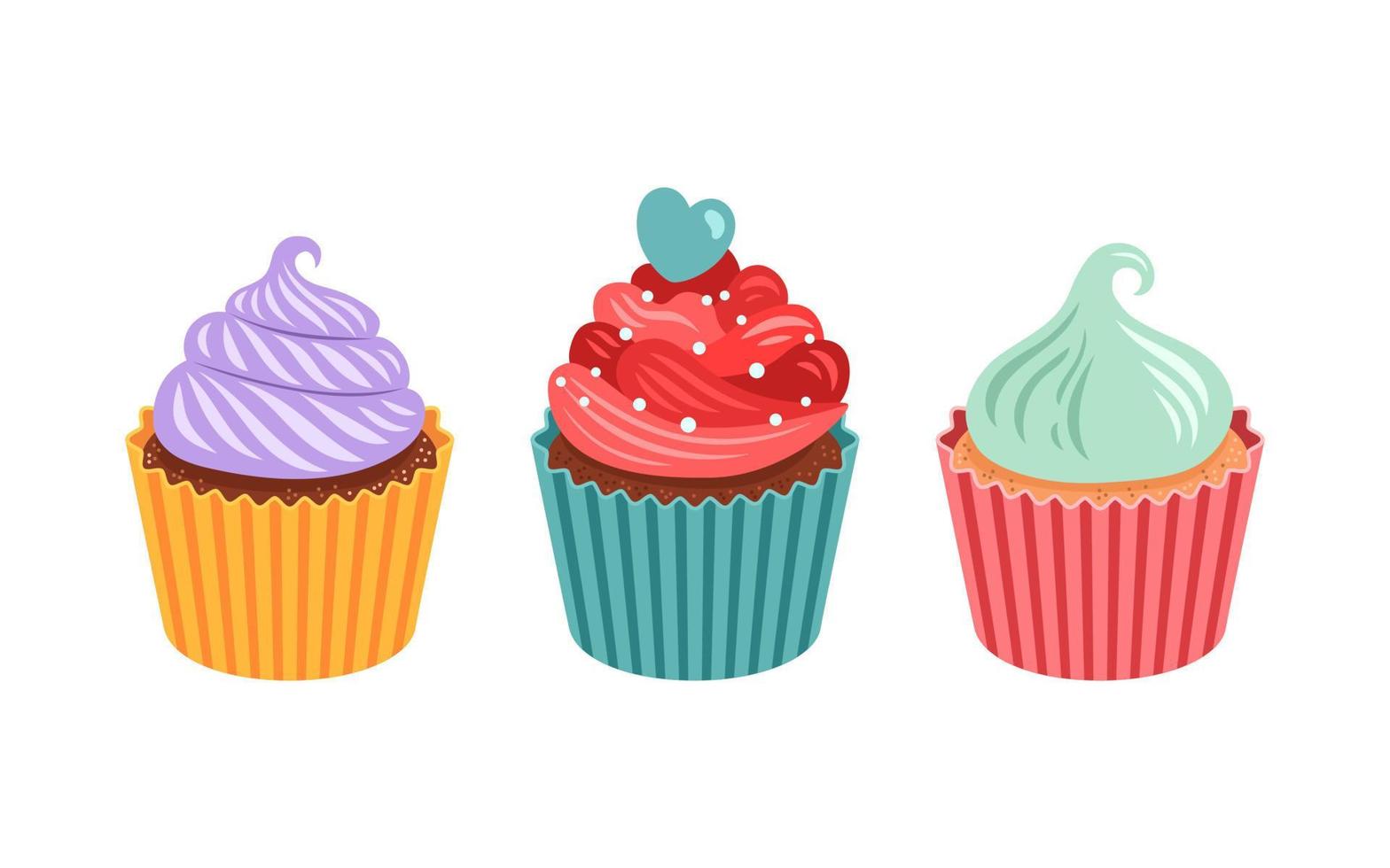 Set of cute vector cupcakes and muffins, different colors and shapes