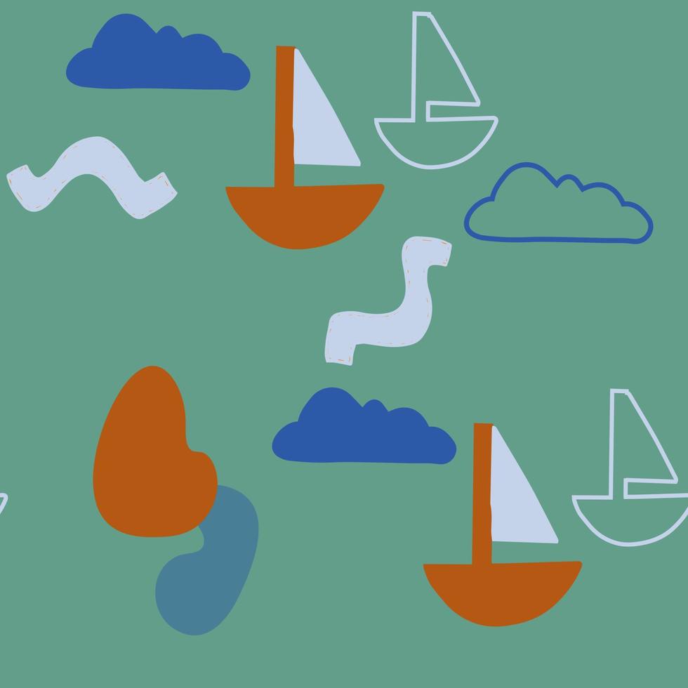 Seamless pattern of abstract minimalist elements. Simple shapes, boat with sail, clouds in the sky, water vector