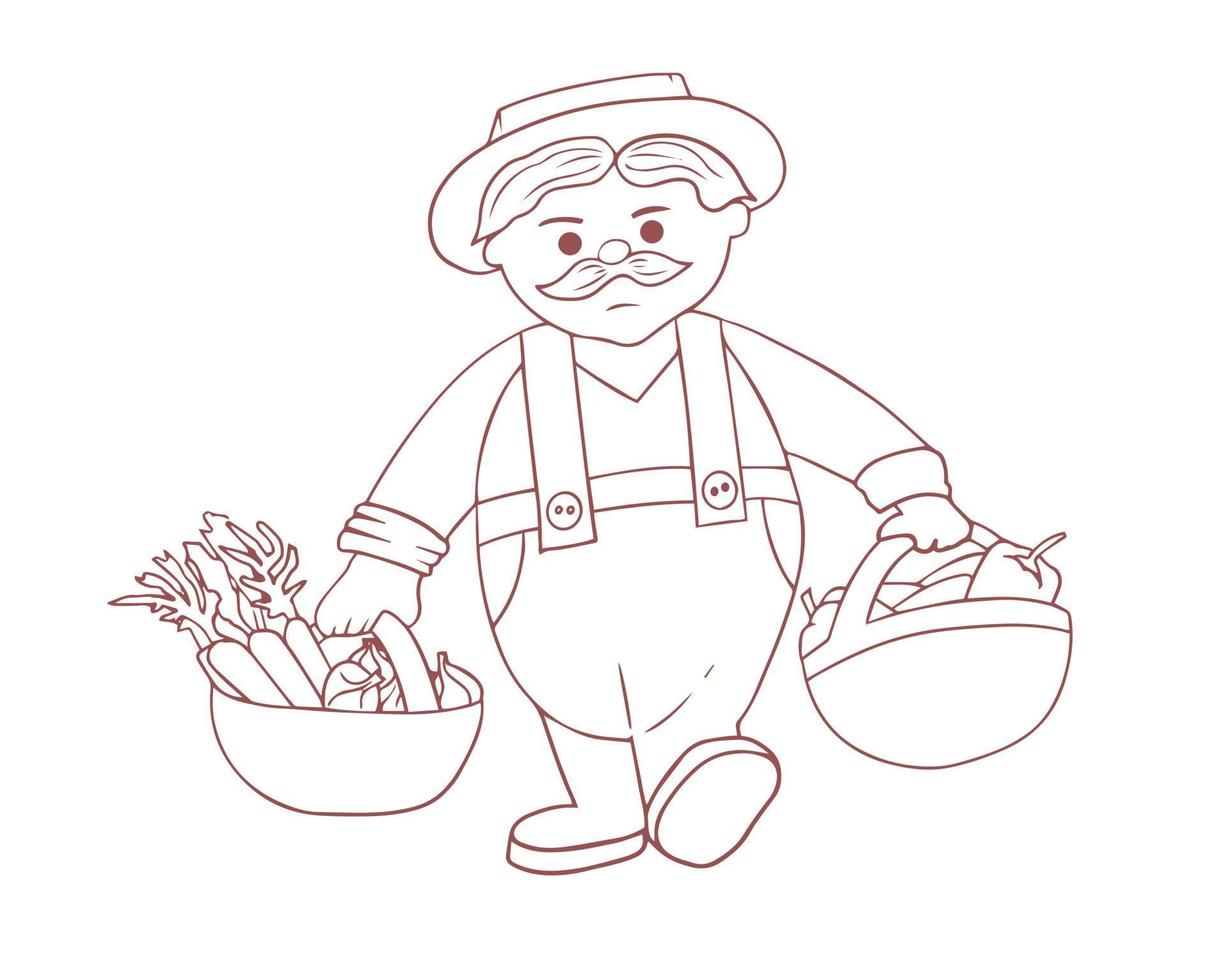 lindo personaje granjero. abuelo con dos canastas de cultivos. cosecha de verduras. arte lineal. colorear para niños vector