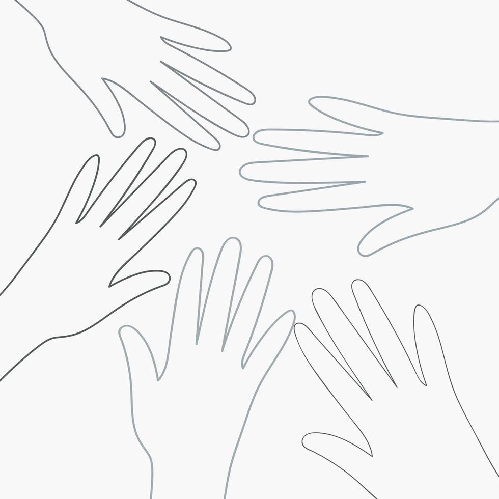 The outline of hands reaching out to each other. A united community of people. Cultural and ethnic diversity. Concept of friendship and peace between peoples. Vector design of postcard, banner