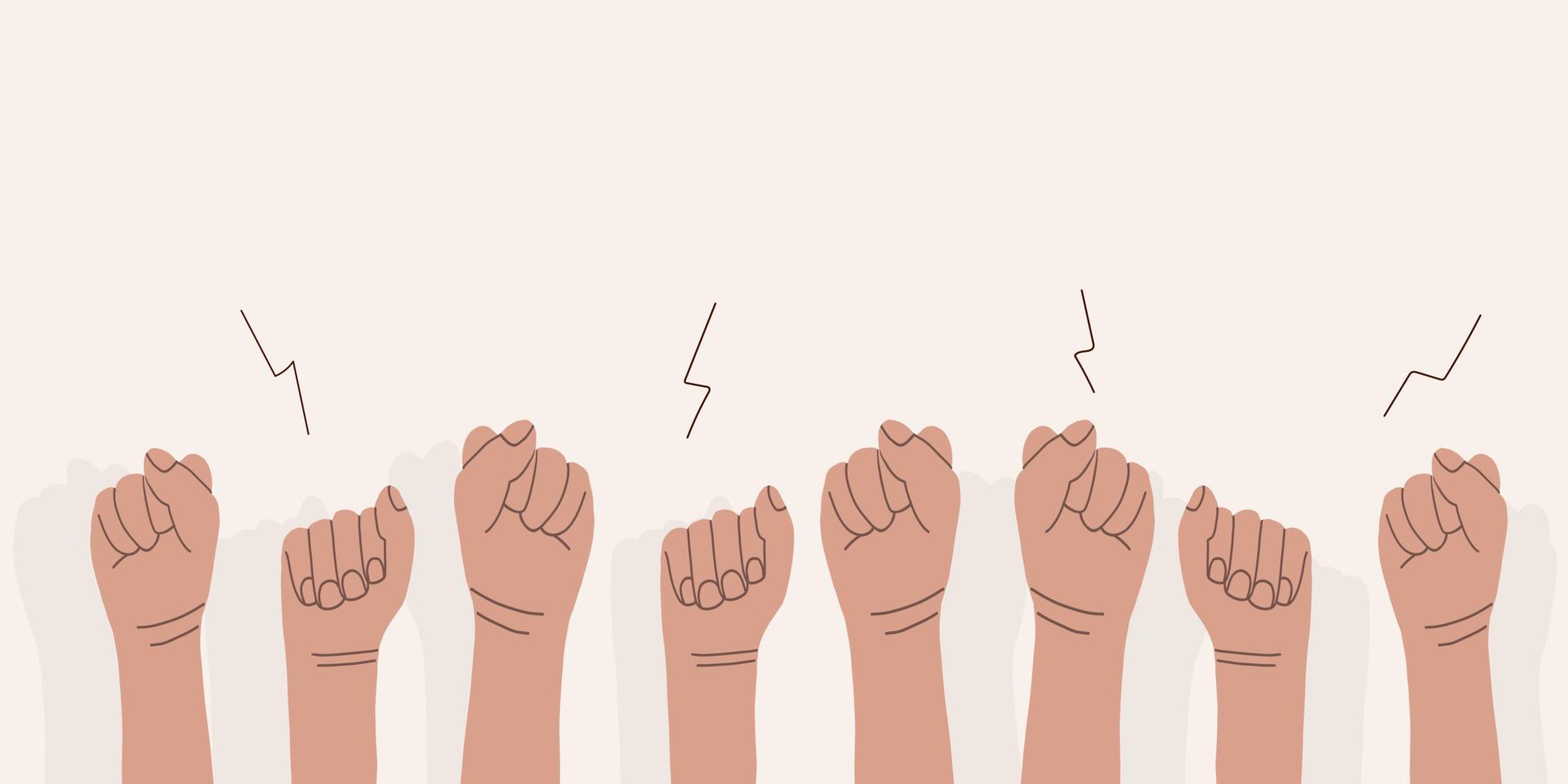manos arriba, los dedos apretados en un puño. protesta y huelga. luchando por sus derechos. hombres y mujeres expresan su descontento y defienden su posición vector